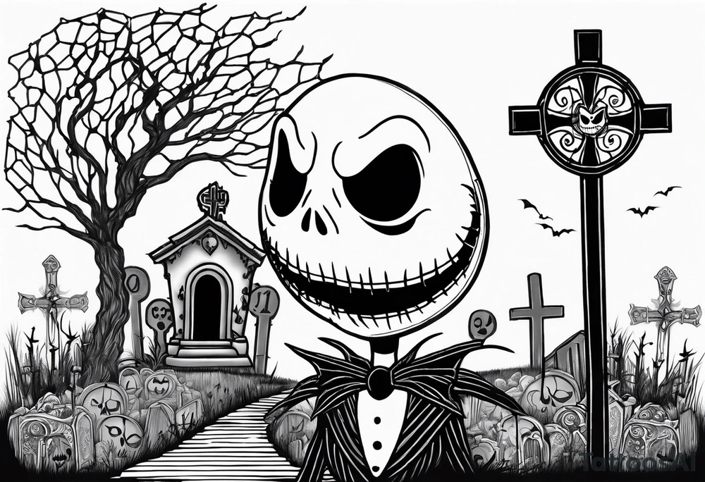 jack skellington face with little cemetery details on back tattoo idea