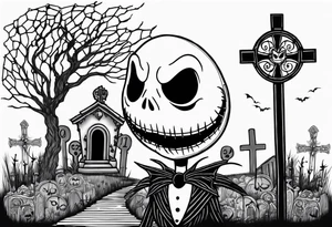 jack skellington face with little cemetery details on back tattoo idea