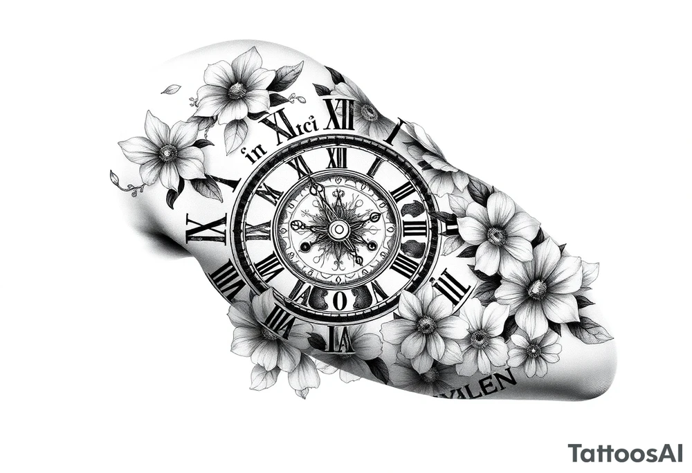 vintage roman numerals within ornate clockwork mechanism, flowers, with Darcie, Marni and Shaylen written throughout design tattoo idea