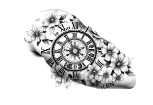 vintage roman numerals within ornate clockwork mechanism, flowers, with Darcie, Marni and Shaylen written throughout design tattoo idea