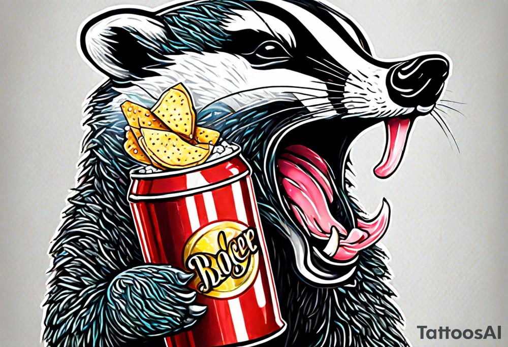 badger with mouth open with soda can and chips tattoo idea