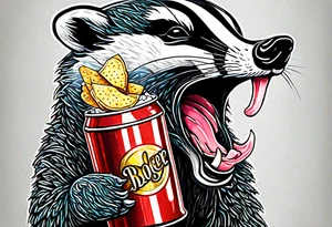 badger with mouth open with soda can and chips tattoo idea