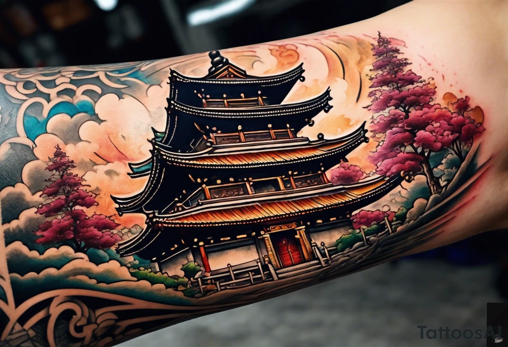 a old world map as the background with a small Buddhist temple at the bottom for the back of a forearm tattoo idea
