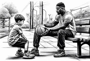 man handing a basketball to kid on a bench tattoo idea