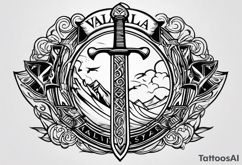 Valhalla 
 sword stairs axe mist tattoo idea
