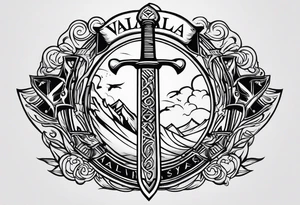 Valhalla 
 sword stairs axe mist tattoo idea