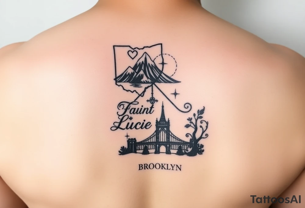 Elemental Coordinates Tattoo
Vertical layout with icons stacked top to bottom:

Cleveland – Outline of Ohio with a tiny heart/star

Wrapped or backed by the Earth symbol (solid base, mountain-like structure)

Saint Lucia – Wave and mountain line art

Surrounded by flowing Air symbol swirls

Maryland – Barn/tree with subtle wedding ring shape in foliage

Embraced by the Water symbol (fluid lines, holding it together)

Brooklyn – Stylized Brooklyn Bridge or brownstone silhouette

Rising from or behind the Fire symbol (bold flickers around edges)

Optional: Light text like dates, city names, or coordinates under each. tattoo idea