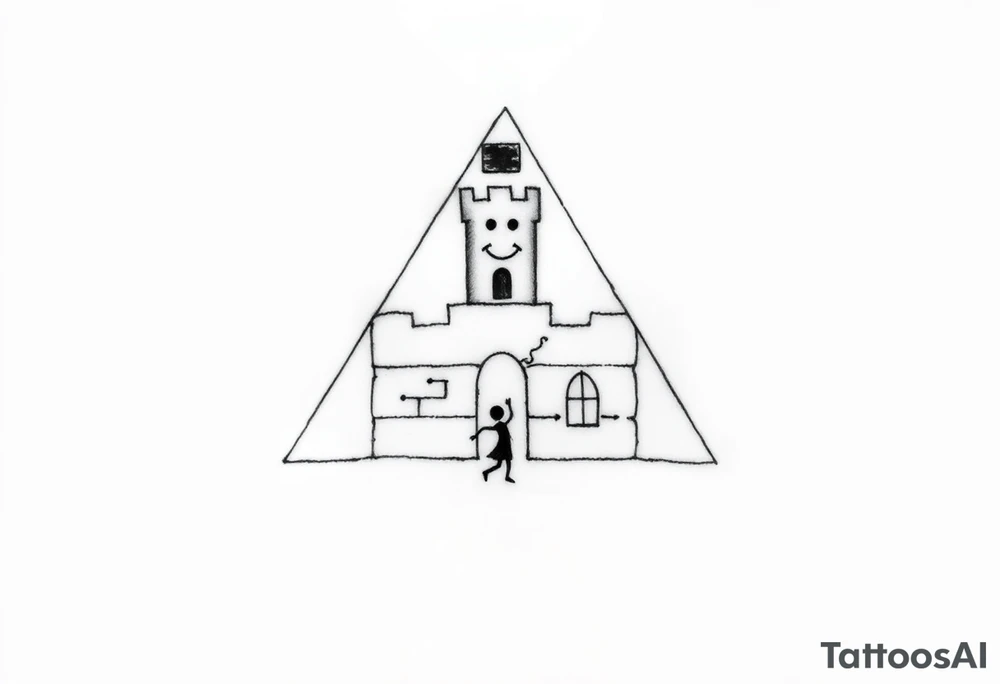 Create a minimalistic tattoo design based on a trapezoid shape representing a trap or siege. The trapezoid is the main background and frame.

Inside the trapezoid:

1. A small, simple castle at the top center with smooth walls and a short tower on one side, symbolizing loneliness.


2. A tiny black brick embedded in the castle wall, representing a 225 mg Tramadol pill — looks like a small dark dot from afar.


3. A small smiling mask on the tower with two dots for eyes and a curved line for a mouth, symbolizing hiding inner pain behind a smile.


4. A thin, irregular crack running from the bottom to the top of the castle wall, representing inner wounds and fractures.


5. A thin diagonal ray of light shining from one of the castle windows, symbolizing hope amidst darkness.


6. An abstract, minimal dancer figure in the castle courtyard made with simple lines, symbolizing dancing and perseverance despite being trapped.



The overall design should look clean and geometric from afar, but each element carries personal symbolism and emotional depth. tattoo idea