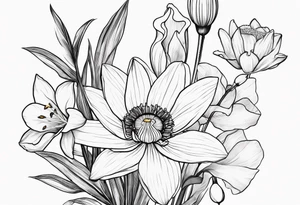 A minimalist line work bouquet of flowers with a water lily, gladiolus, poppy, lily of the valley, daffodil, and a honey suckle. With long stems and tied with a bow tattoo idea