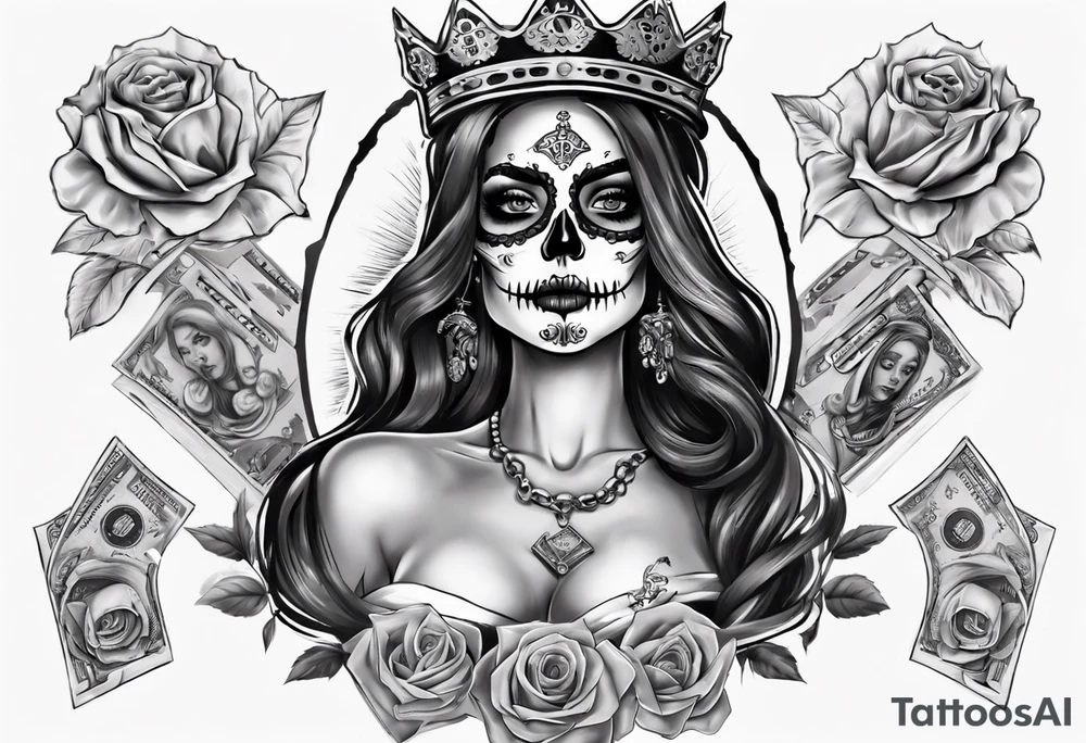 santa la muerta with money and crown
on the card tattoo idea