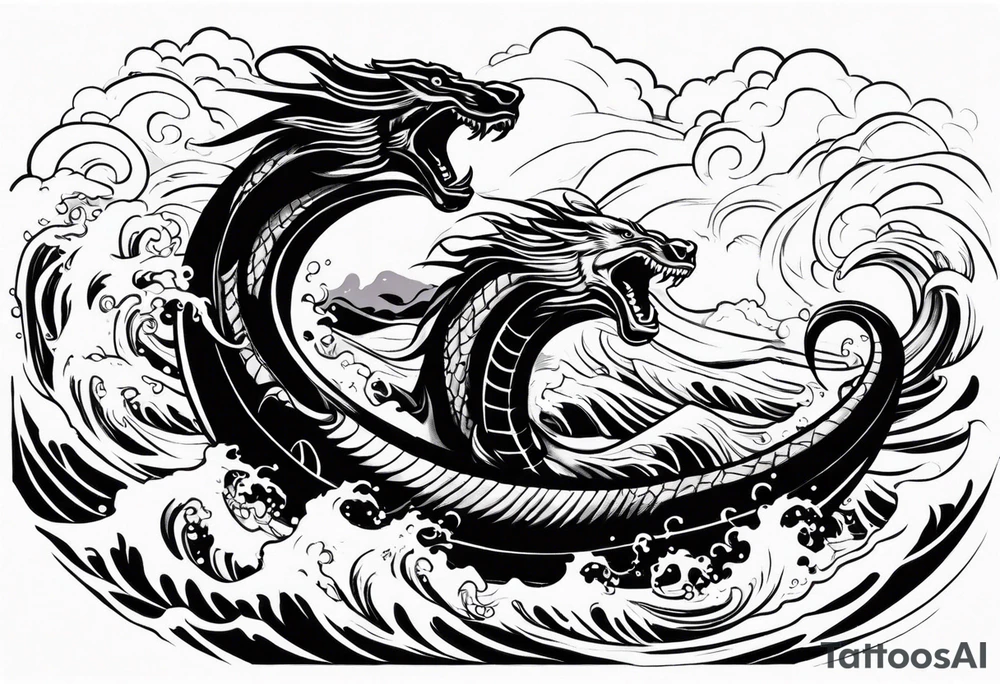 thor fighting sea serpent in the ocean during a hurricane tattoo idea