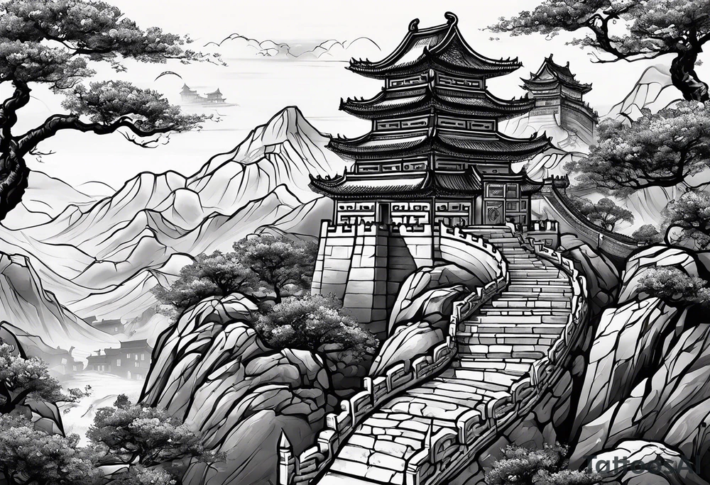 Create for me a tattoo in the Chinese style featuring the Great Wall of China a tiger, a rat, a snake, , and a temple. tattoo idea