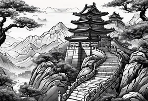 Create for me a tattoo in the Chinese style featuring the Great Wall of China a tiger, a rat, a snake, , and a temple. tattoo idea