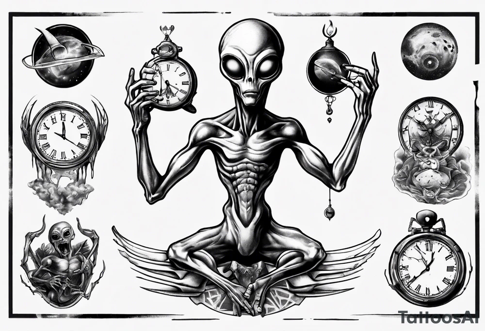 Alien holding a broken clock tattoo idea