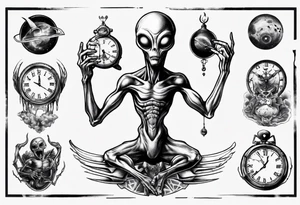 Alien holding a broken clock tattoo idea