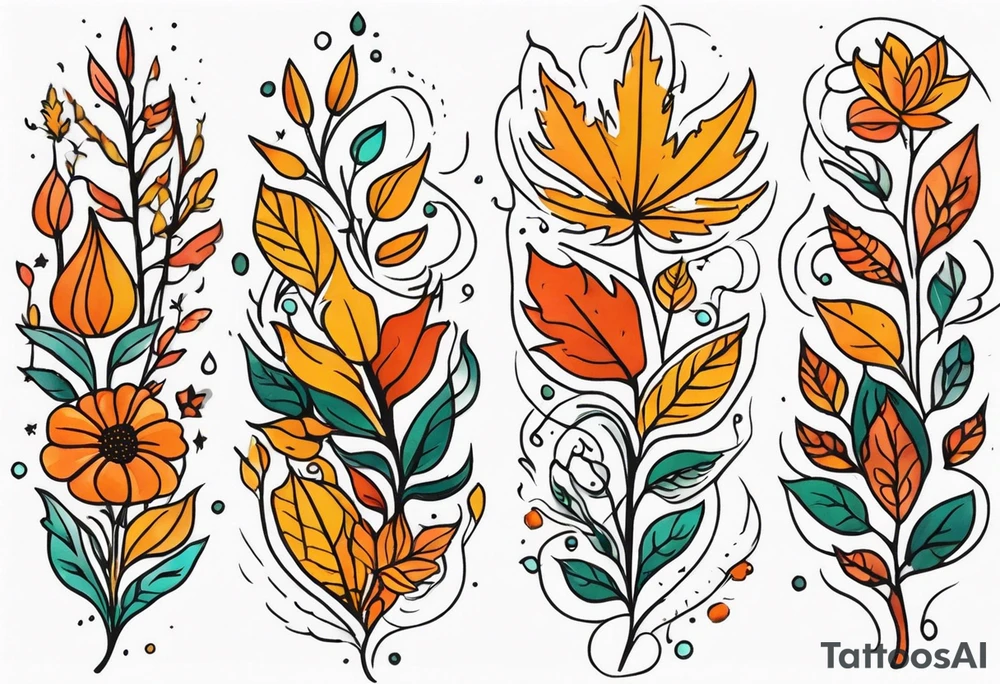 Full arm with fall colors, flowers, water, leaves and various shapes tattoo idea