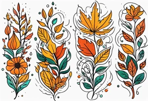Full arm with fall colors, flowers, water, leaves and various shapes tattoo idea