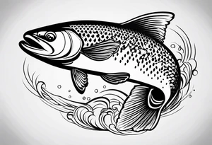 A small tattoo featuring a lovestruck trout as the main theme, drawn without lines, using only color combinations. Minimalistic, tatoo, in artistic or geometric design tattoo idea