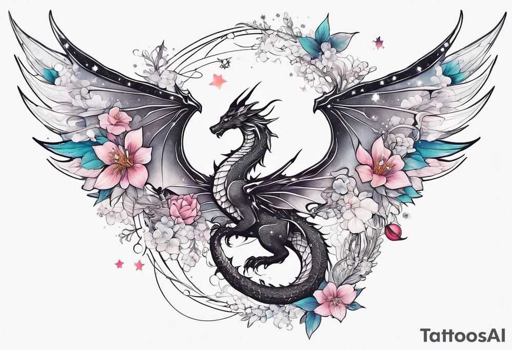 Constellation, wing , snow , cross , dragon female japan kawaii , flower tattoo idea