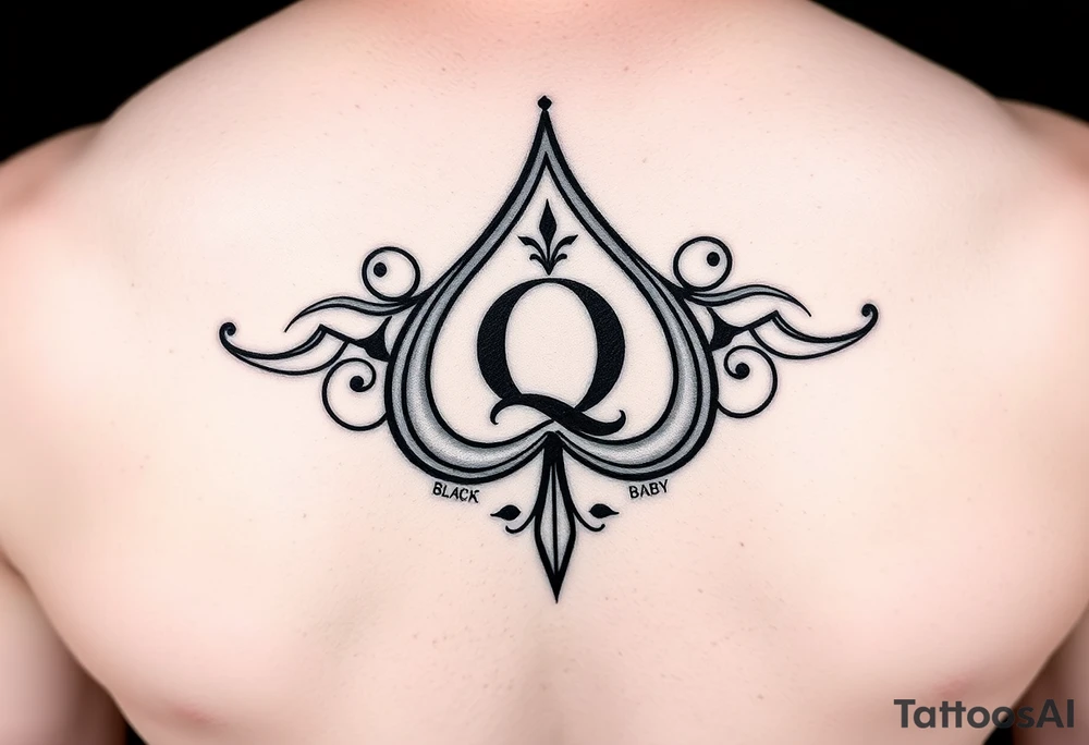 A spade womb tattoo with a Q in the center, with three points around the outside. The first reading, "BLACK". The second reading, "BABY". The third reading, "ONLY". tattoo idea