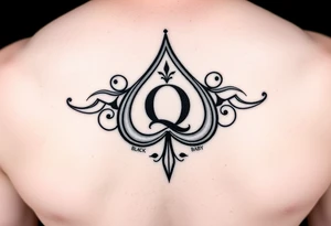A spade womb tattoo with a Q in the center, with three points around the outside. The first reading, "BLACK". The second reading, "BABY". The third reading, "ONLY". tattoo idea