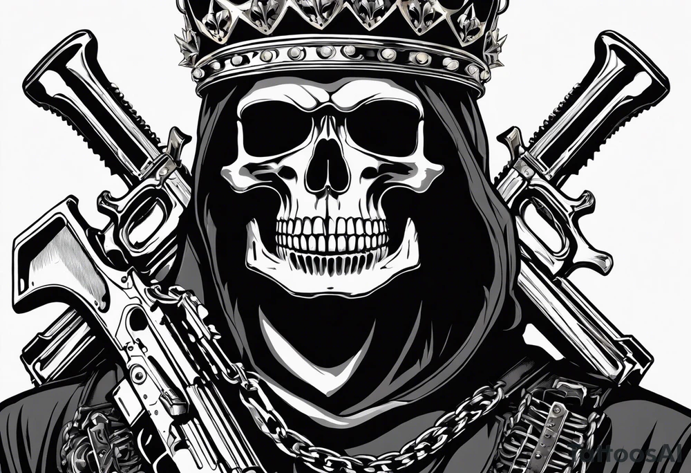 image of a skeleton standing frontally with a crown on his head, holding an AK-47 on his shoulder with his right hand. The chain on the left should be taut, there are three angry barking Dobermans in it, near the waist tattoo idea