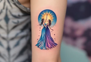 Zorya Sisters – Twin female figures in flowing sky-blue and deep purple dresses, one raising the sun, the other lowering the stars against a twilight backdrop. tattoo idea