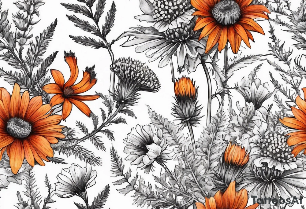 cascading mixed colored wildflowers with thistles, ferns, burnt orange flowers all in color tattoo idea