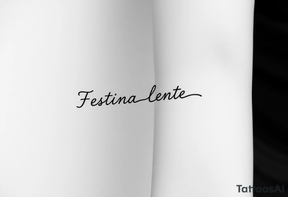 A small, minimal conceptual tattoo for the inner arm.
The phrase “Festina Lente” is not written traditionally; instead, the entire text is formed subtly from a single thin rope.
At the lower end of the rope, a small anchor is attached and appears embedded into the skin, symbolizing patience and stability.
At the opposite end, the rope is being pulled by a very small, minimal, symbolic devil silhouette representing haste.
The rope naturally twists and curves to form the letters of “Festina Lente”, so that at first glance it looks like an abstract rope composition, but upon closer inspection the text becomes readable.
Highly refined, modern calligraphic flow created by the rope itself, elegant and understated.
Black ink only, ultra-fine line work, minimal shading, strong use of negative space, contemporary 2026 tattoo style.
No traditional tattoo elements, no bold outlines, no old-school style, no decorative ornaments.
Clean, intelligent, subtle storytelling tattoo suitable for a small inner-arm placement. tattoo idea