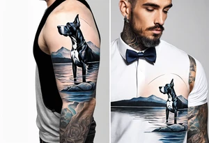 Arm sleeve for man with Great Dane (Full Tuxedo Color and floppy ears) standing proudly chest up on a rock in front of a body of water tattoo idea