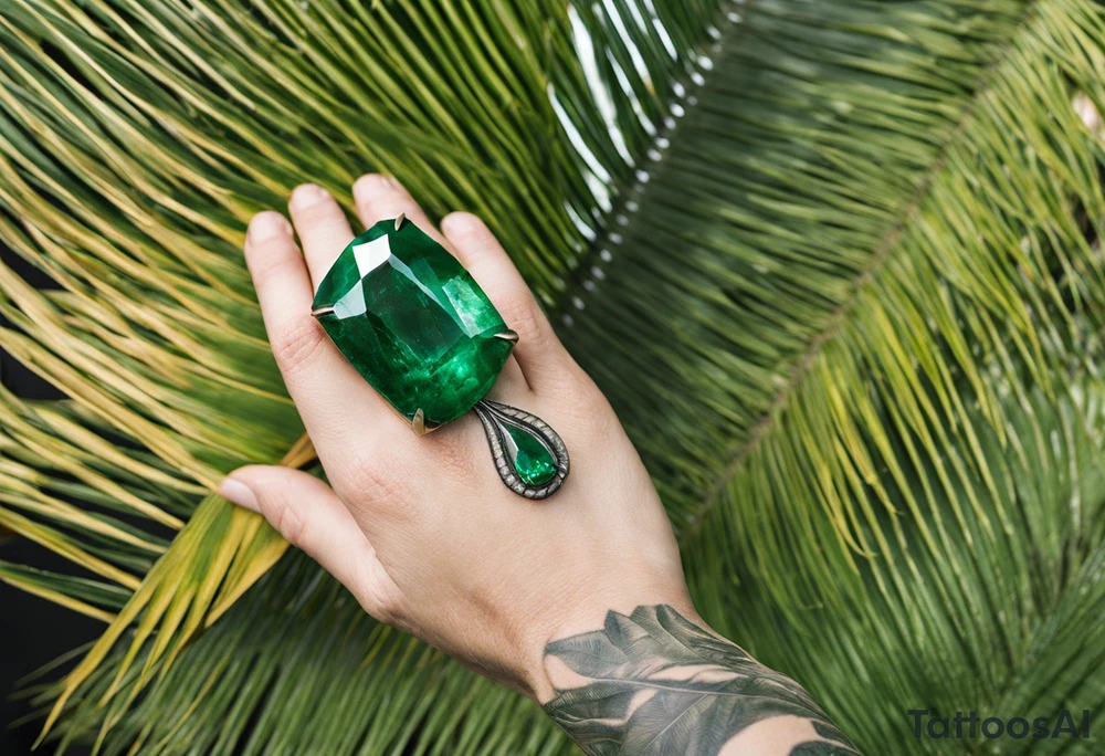Tattoo: A striking Gachala emerald sits at the base of a tall quindio wax palm, which grows resiliently from cracks in rugged, rocky soil. The emerald is the main focal point, symbolizing strength and endurance, while the wax palm, rooted in the soil’s crevices, represents growth and resilience. A small water stream flows gently from the rocks, adding an element of life and nourishment tattoo idea