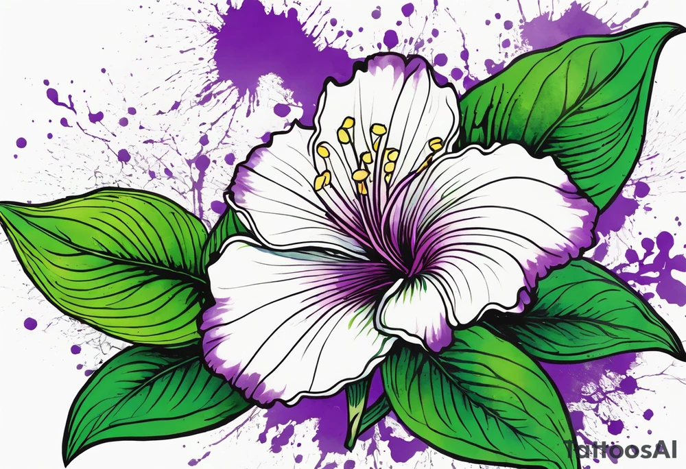 An outline of a rio dipladenia flower with a green/purple watercolor splash in the background tattoo idea