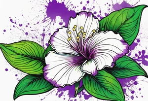 An outline of a rio dipladenia flower with a green/purple watercolor splash in the background tattoo idea