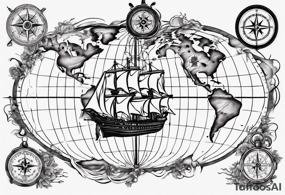 World map with a ship and compass tattoo idea