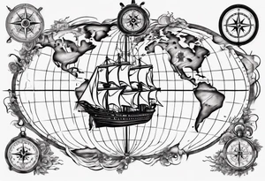 World map with a ship and compass tattoo idea