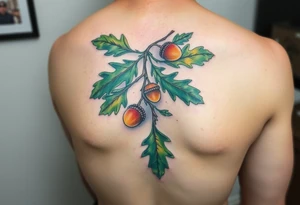 on the forearm an oak branch with thick leaves and acorns tattoo idea
