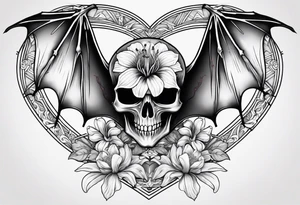 Evil bat holding a lycoris radiata, skeleton hands making heart shape around the bat, lycoris radiata thin flower petals accents surrounding the outside tattoo idea