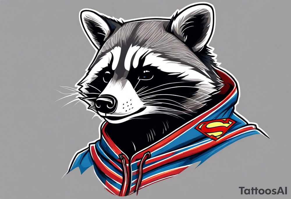raccoon wearing a Superman hoodie tattoo idea