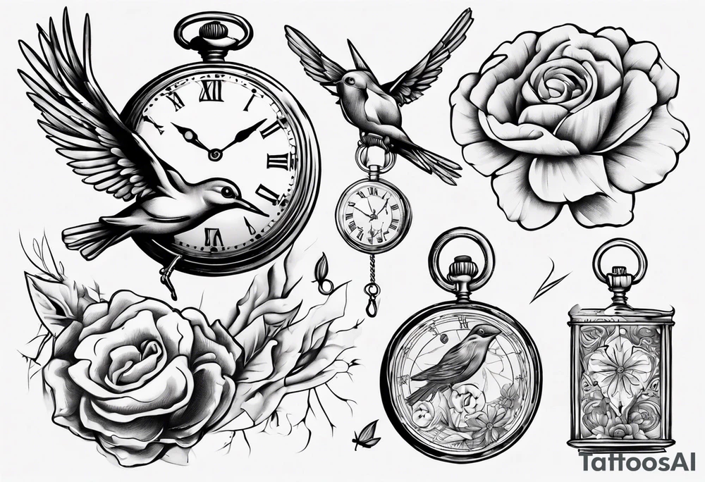 pocket watch, map , flower , bird tattoo idea