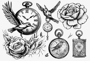 pocket watch, map , flower , bird tattoo idea