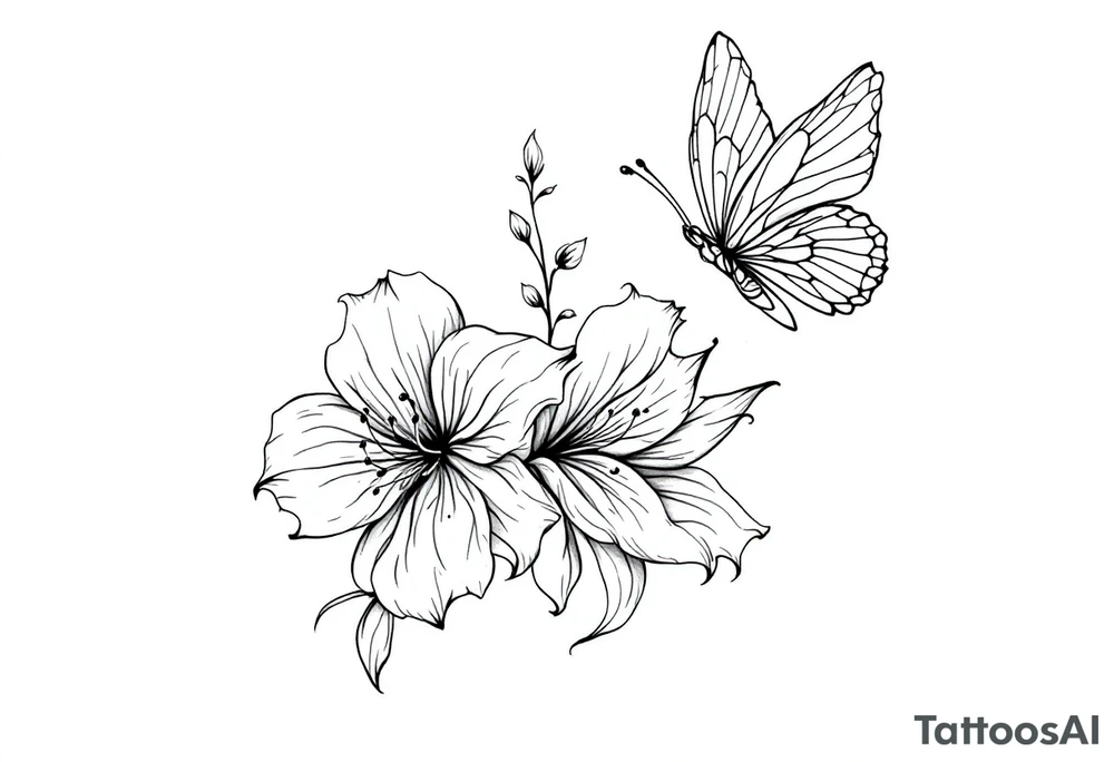A delicate and highly detailed tattoo design featuring elegant flowers and two butterflies, symbolizing family, love, and the bond between a mother and her children. The flowers, such as lilies or peonies, represent protection, beauty, and unconditional love. Two butterflies gracefully flying around the flowers symbolize the children, Zackary and Charlie, representing their growth and freedom. Their names should be subtly integrated into the design, either along the stems of the flowers, within the butterfly wings, or in an elegant script flowing naturally with the composition. The tattoo should have a soft, flowing aesthetic with fine details, subtle shading, and a harmonious balance between nature and symbolism. The style can be fine line, realistic, or watercolor for a timeless and meaningful look. tattoo idea