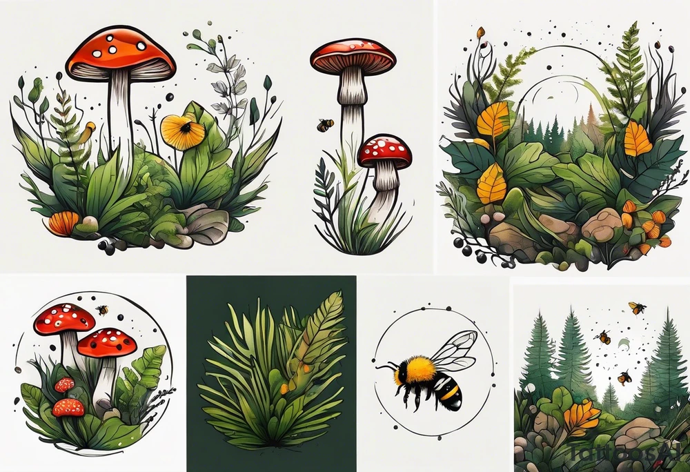 minimalistic forest floor inspired tattoo, which includes grass, moss, curly ferns and dead leaves as the bulk of the tattoo. details to include: forest berries, couple of very small brown mushrooms, a tiny bumblebee flying nearby tattoo idea