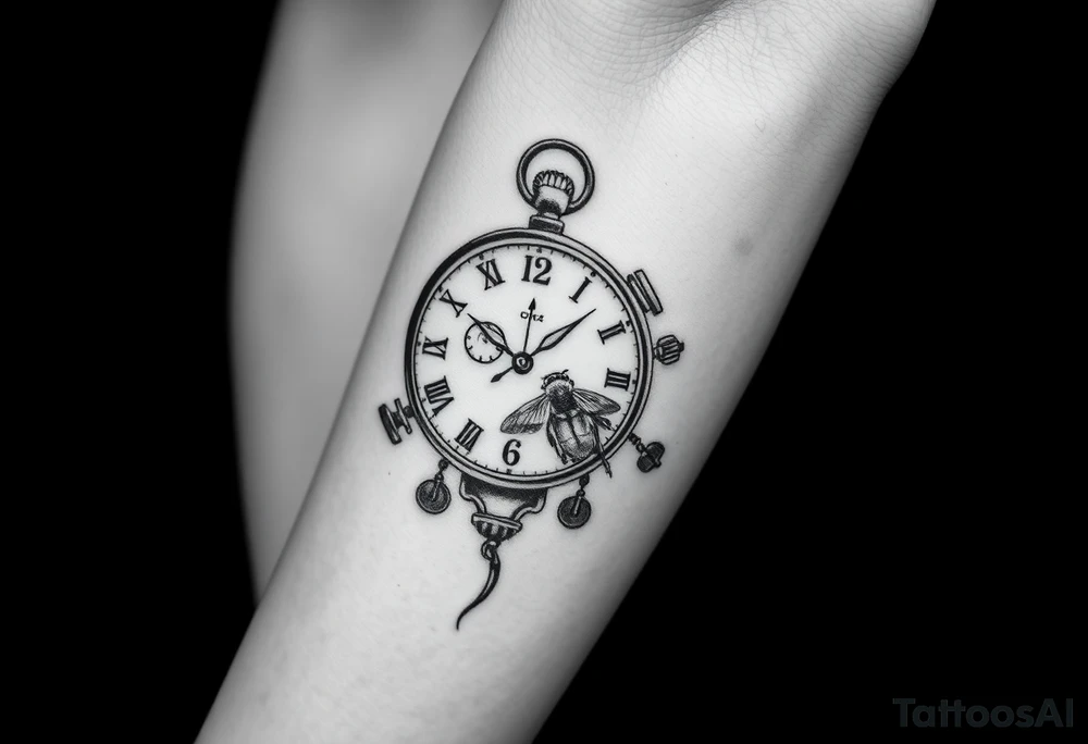 Imaginez un tatouage noir et blanc pour l'avant bras avec horloge affichant 6h40, avec  le Colisé en arrière plan du tatouage  un gladiateur avec une abeille sur le bouclier  une carte de la Corse tattoo idea