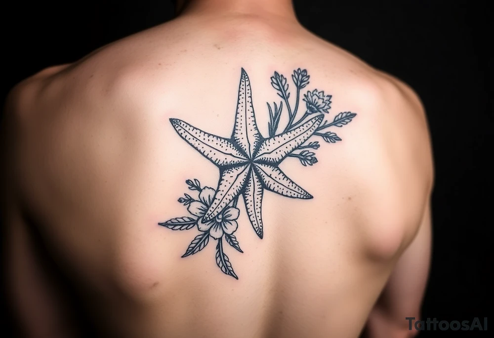 Starfish and sea flora done in the style used during World War Two tattoo idea