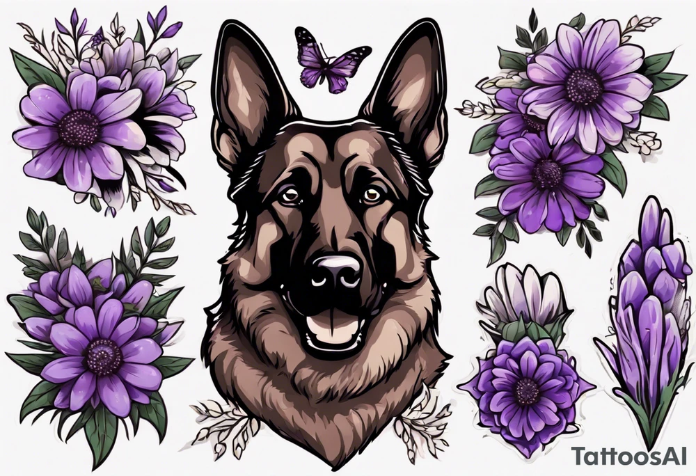 Dark Brown female German shepherd portrait surrounded by purple daisies tattoo idea