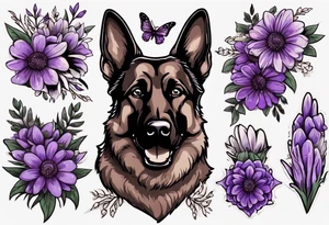 Dark Brown female German shepherd portrait surrounded by purple daisies tattoo idea