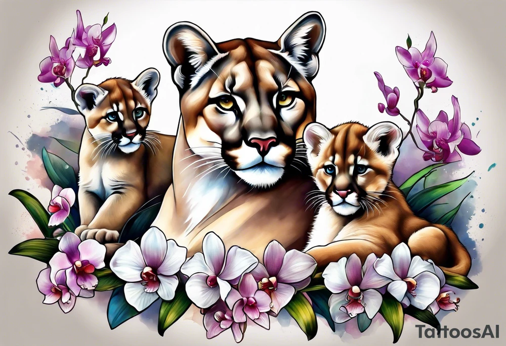 Mother mountain lion with 2 cubs and orchids tattoo idea