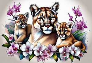 Mother mountain lion with 2 cubs and orchids tattoo idea