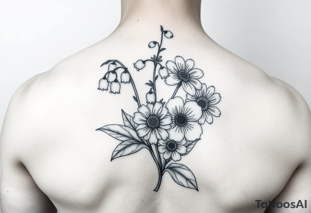 small lily of the valley, marigold, and chrysanthemum tattoo idea