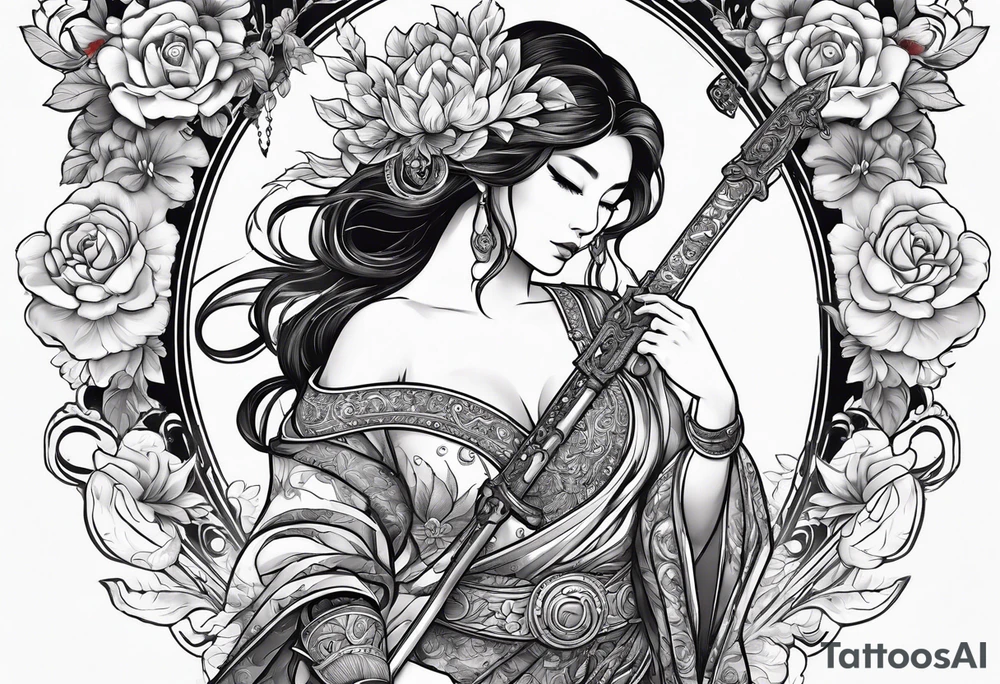 ornate beautiful woman warrior with weapon & floral arch background tattoo from head to torso tattoo idea